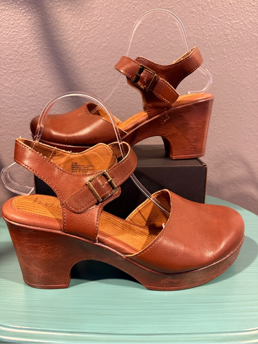 b.o.c. Natasha Brown Leather Platform Clogs with Buckle Strap | GUC